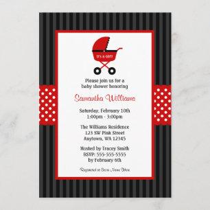 Rote und schwarze Carriage Stripe Dots Babydusche Einladung