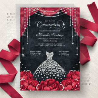 Rote und schwarze Diamant-Blumen-Quinceanera Einladung