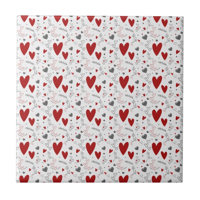 Rote und schwarze Doodle-Herzen Liebe  Fliese (Vorderseite)