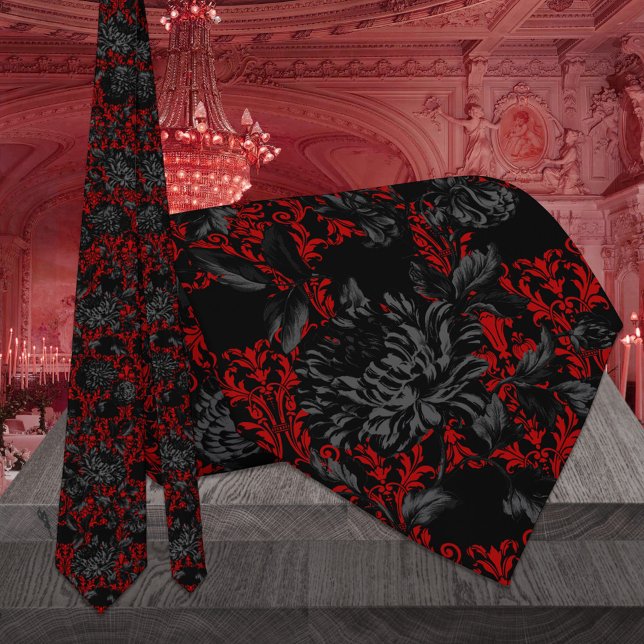 Rote und schwarze Floral Damask Gotische Hochzeit Krawatte (Von Creator hochgeladen)