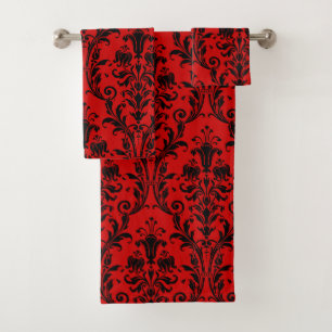 Rote und schwarze Floral-Damaskus Badhandtuch Set