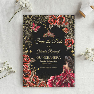 Rote und schwarze goldene Tiara Rosen Quinceañera Save The Date