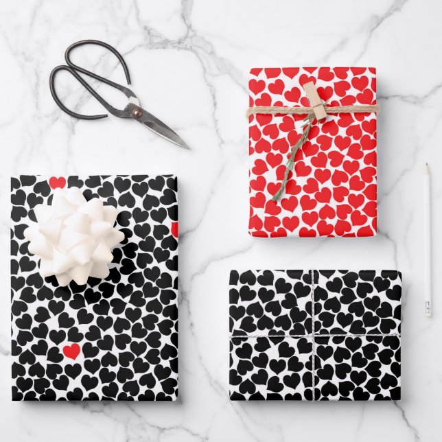 Rote und schwarze Herzen Geschenkpapier Set (Vorderseite)