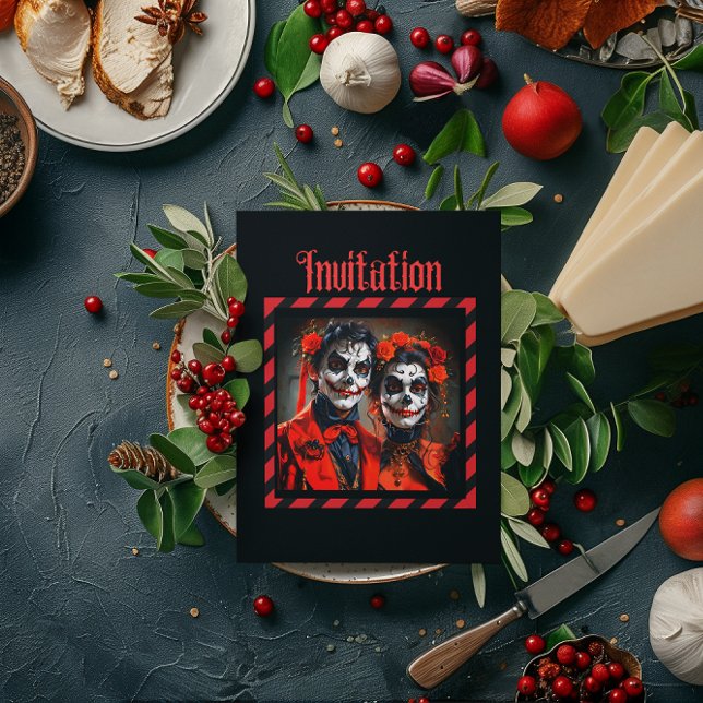 Rote und schwarze Karikatur Dia de los Muertos Paa Einladung (Von Creator hochgeladen)
