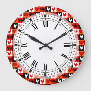 Rote und schwarze Rooster-Hühner und Herz-Muster Große Wanduhr