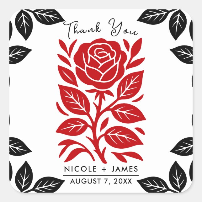 Rote und schwarze Rose Blumen Modernes Brautparty Quadratischer Aufkleber (Vorderseite)