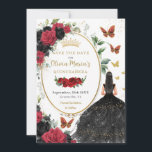 Rote und schwarze Rose Blumenquinceñera Save The Date<br><div class="desc">Personalisieren Sie diesen hübschen rot-schwarz Blumenstrauß Quinceañera / Sweet 16 Geburtstag Save the Date einfach und schnell. Klicken Sie einfach auf die Schaltfläche "Weitere Einstellungen", um die Texte zu bearbeiten, Schriftart und Schriftart zu ändern. Mit einem Mädchen gekleidet in einem schönen glitzernden schwarzen Ball, lebhaften rot-schwarzen Rose, Schmetterlinge und einem...</div>