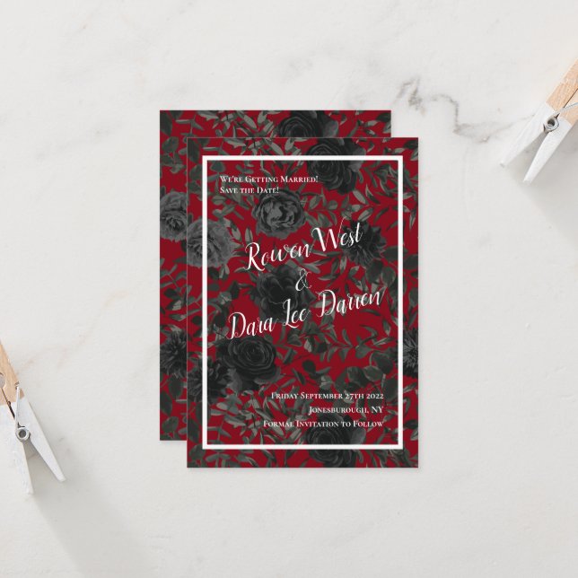 Rote und schwarze Rose Gothic Wedding Save the Dat Einladung (Vorderseite/Rückseite Beispiel)