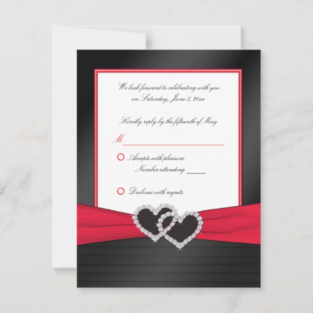 Rote und schwarze Satinpaare mit Herz-Antwort-Kart RSVP Karte (Vorderseite)