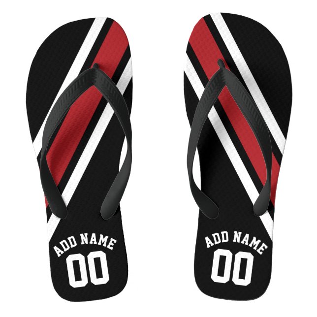Rote und schwarze Streifen mit Name und Nummer Flip Flops (Fußbett)