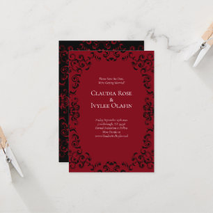 Rote und schwarze Swirl Gothic Wedding Save the Da Einladung