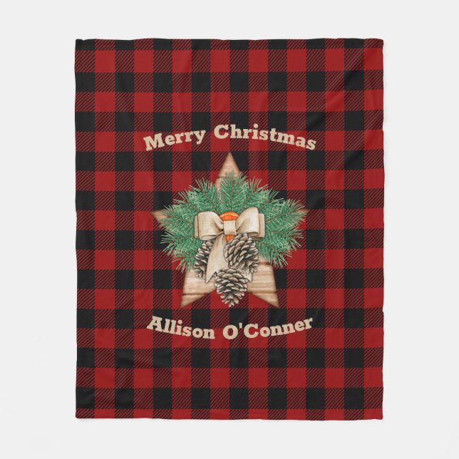 Rote und schwarze Tartan Nordic Wooden Weihnachtss Fleecedecke (Vorderseite)