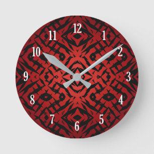 Rote und schwarze Tribal-Muster Runde Wanduhr