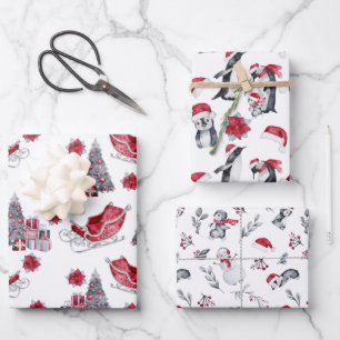 Rote und schwarze Weihnachtsmuster Geschenkpapier Set