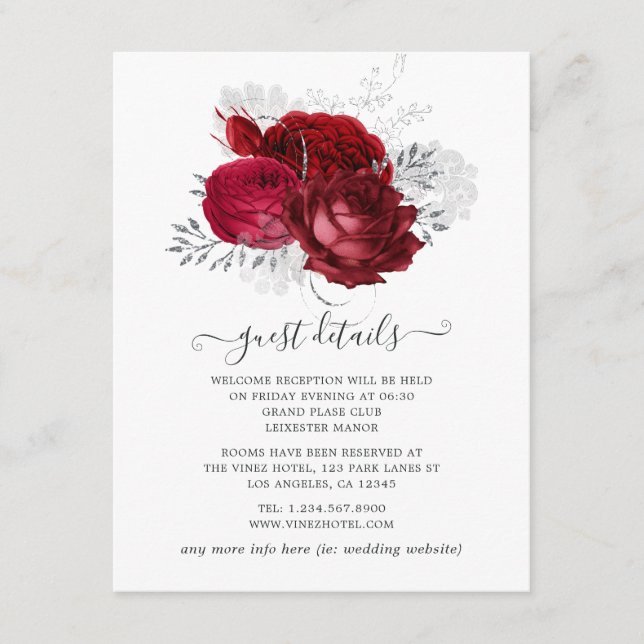 Rote und Silberflorale Hochzeitgäste Details Begleitkarte (Vorderseite)