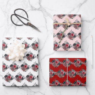Rote und silberne elegante Blumen Geschenkpapier Set