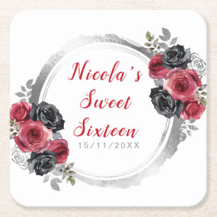 Rote und silberne elegante Blumen Sweet Sixteen Rechteckiger Pappuntersetzer