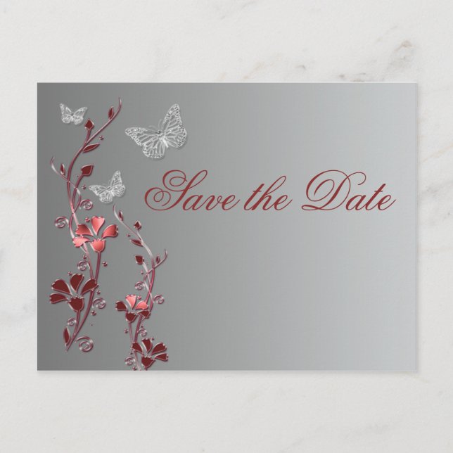 Rote und Silberschmetterlinge Save the Date Postka Ankündigungspostkarte (Vorderseite)