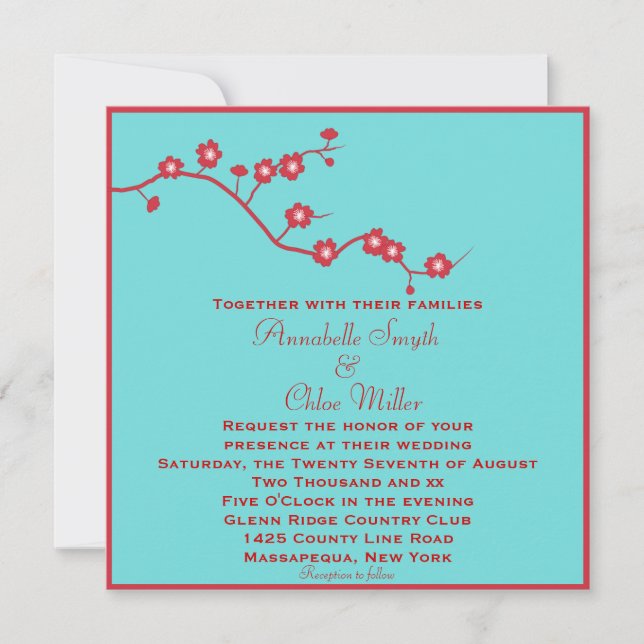 Rote und türkisfarbene Flora Lesbische Hochzeit Einladung (Vorderseite)