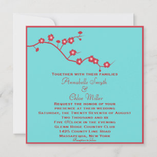 Rote und türkisfarbene Flora Lesbische Hochzeit Einladung