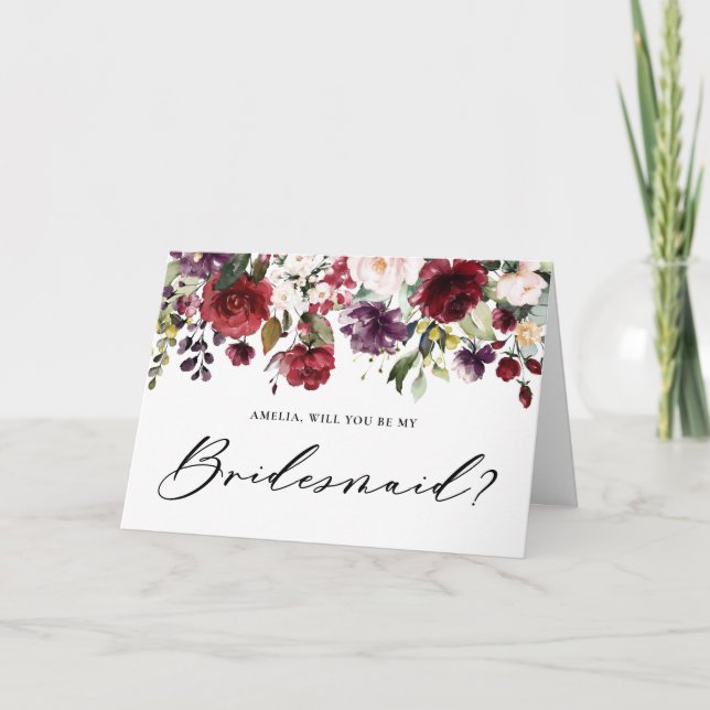 Rote und violette Blumen werden meine Brautjungfra Karte (Vorderseite)