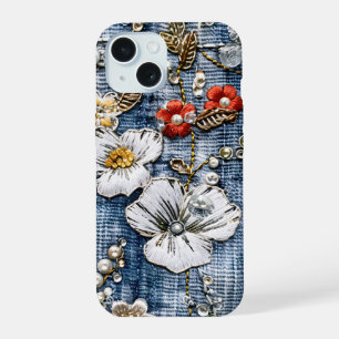 Rote und weiße bestickte Blüten auf Denim iPhone 15 Hülle