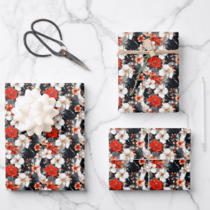 Rote und weiße Blume auf Marmor Geschenkpapier Set