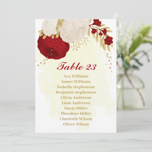 Rote und weiße Blume, goldene Sitzkarte Einladung (Stehend Vorderseite)