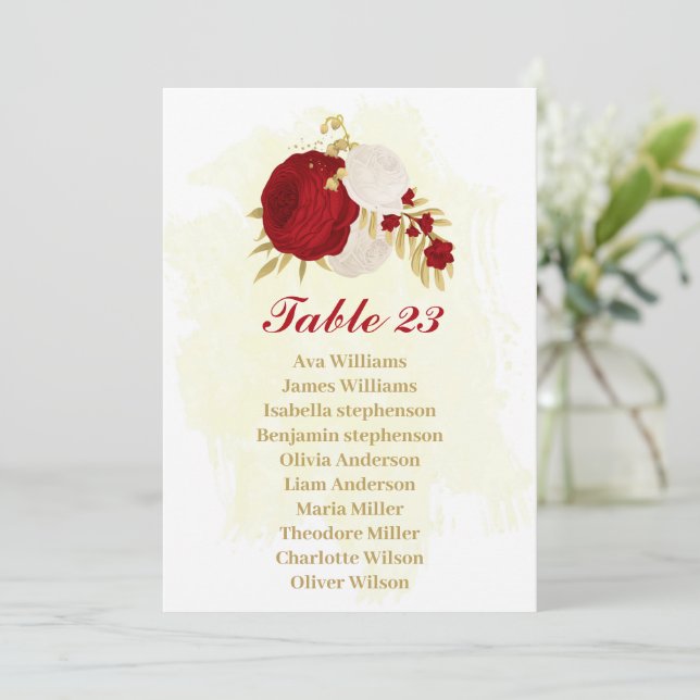 Rote und weiße Blume, goldene Sitzkarte Einladung (Stehend Vorderseite)