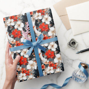 Rote und weiße Blumen auf Marmor Geschenkpapier