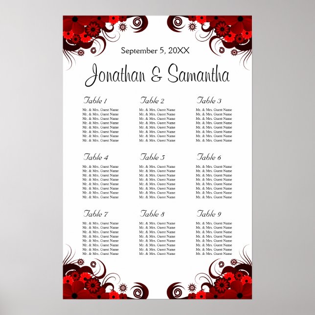 Rote und weiße Blütenblätter für 9 Hochzeitstische Poster (Vorne)