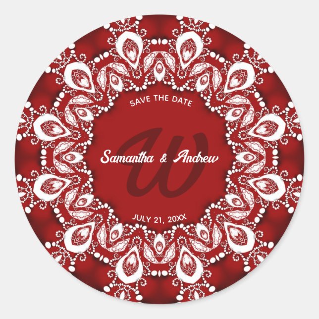 Rote und weiße Bohemische Spitzen Save the Date Runder Aufkleber (Vorderseite)