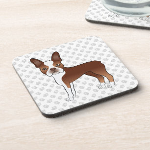 Rote und weiße Boston Terrier Cartoon Dog & Paws Getränkeuntersetzer