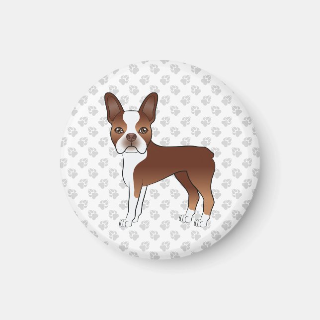 Rote und weiße Boston Terrier Cartoon Dog & Paws Magnet (Vorne)