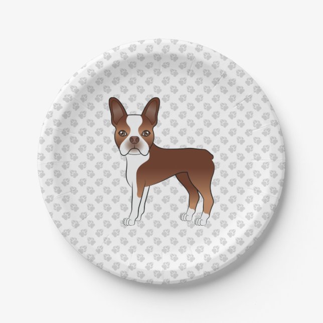 Rote und weiße Boston Terrier Cartoon Dog & Paws Pappteller (Vorderseite)