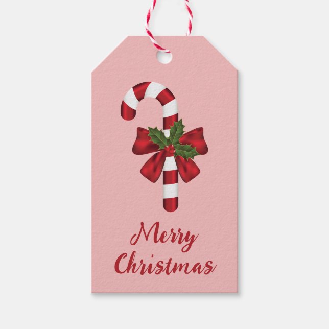 Rote und weiße Candy Cane mit fröhlichem Weihnacht Geschenkanhänger (Vorderseite)