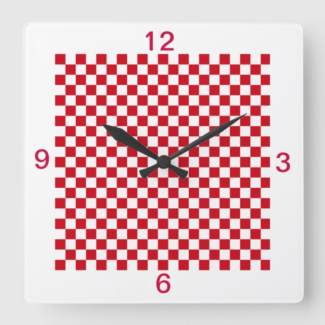 Rote und weiße Checkered Kitchen Clock Numbers Quadratische Wanduhr (Vorderseite)