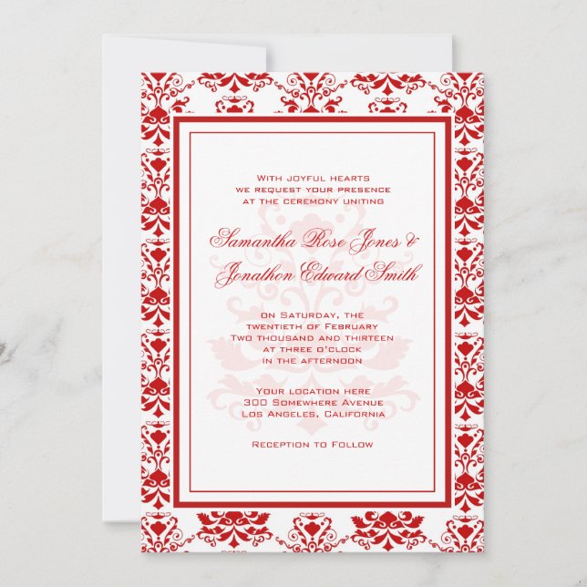 Rote und weiße Damaske Elegante Hochzeit Einladung (Vorderseite)