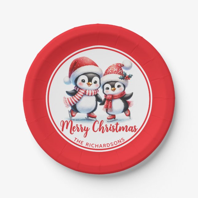 Rote und weiße Eispinguine Frohe Weihnachten Pappteller (Vorderseite)
