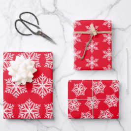 Rote und weiße festliche Schneeflocken Weihnachtsm Geschenkpapier Set