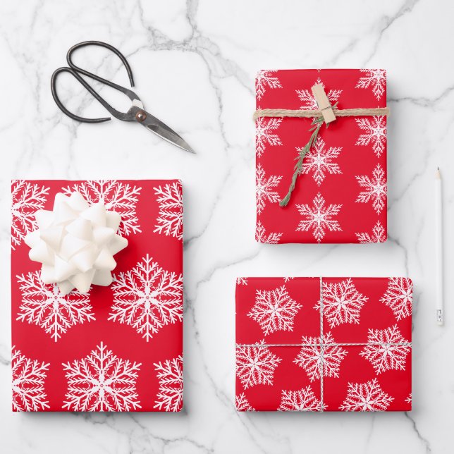 Rote und weiße festliche Schneeflocken Weihnachtsm Geschenkpapier Set (Vorderseite)
