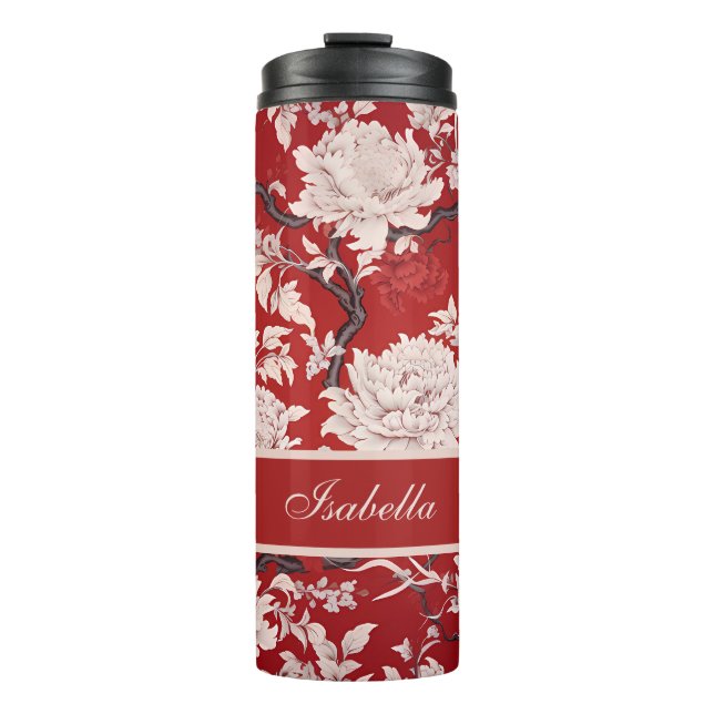 Rote und weiße Flora Chinoiserie Muster Persönlich Thermosbecher (Vorderseite)