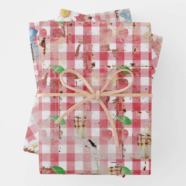 Rote und weiße gestörte Gingham-Geschenkwrap Geschenkpapier Set (Beispiel)