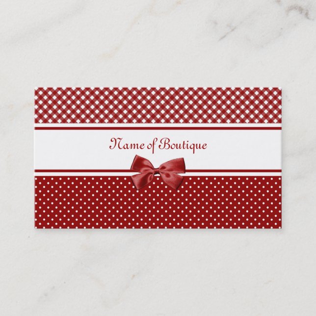 Rote und weiße Gingham-und Polka-Punkt-Butike Visitenkarte (Vorderseite)