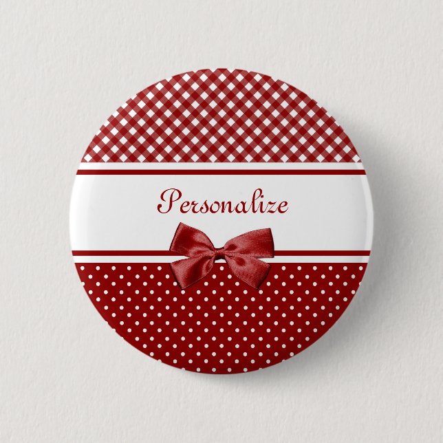 Rote und weiße Gingham und Polka Punkte mit Namen Button (Vorderseite)