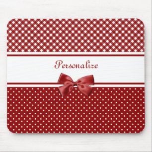 Rote und weiße Gingham und Polka Punkte mit Namen Mousepad