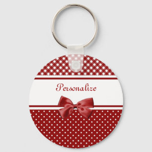 Rote und weiße Gingham und Polka Punkte mit Namen Schlüsselanhänger