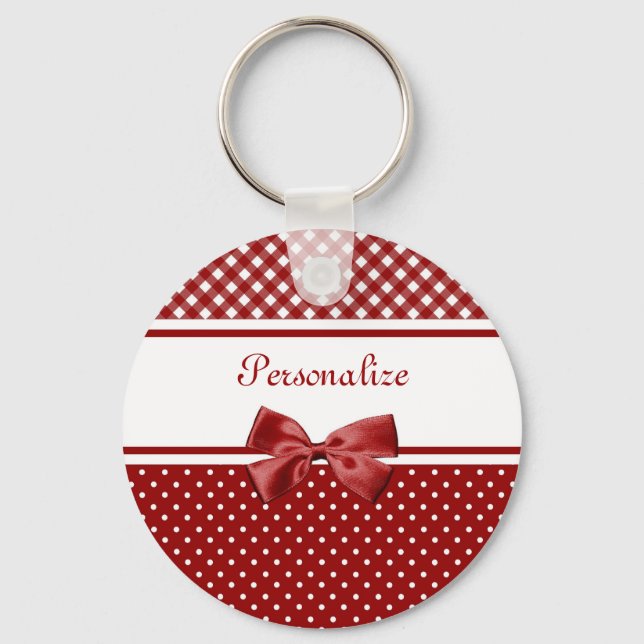 Rote und weiße Gingham und Polka Punkte mit Namen Schlüsselanhänger (Vorderseite)