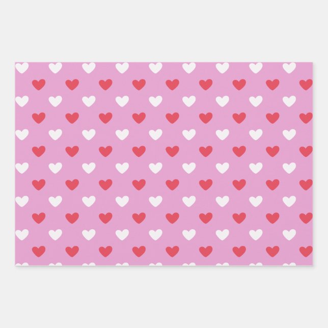 Rote und weiße Herzen auf Rosa Geschenkpapier Set (Vorderseite)
