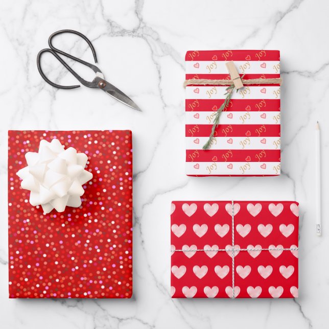 Rote und weiße Herzen Geschenkpapier Set (Vorderseite)